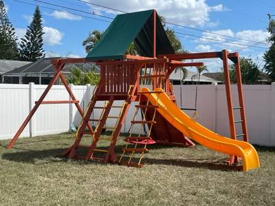 Woodplay wooden playground playset with slide and swings Burnsville, MN